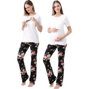 imageAlina Mae Maternity Pregnant womens nursing pajamas set pregnant womens lounge pajamas short sleeveBlack Floral