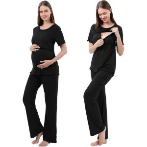 imageAlina Mae Maternity Pregnant womens nursing pajamas set pregnant womens lounge pajamas short sleeveBlack on Black