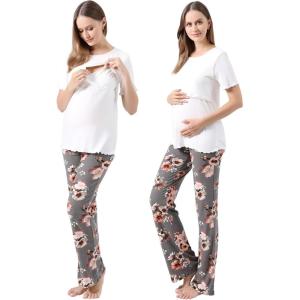 imageAlina Mae Maternity Pregnant womens nursing pajamas set pregnant womens lounge pajamas short sleeveGrey Floral