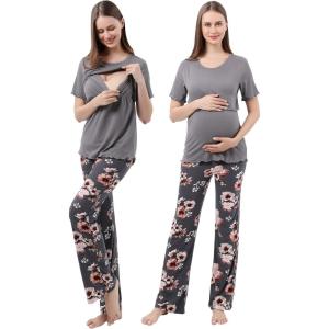 imageAlina Mae Maternity Pregnant womens nursing pajamas set pregnant womens lounge pajamas short sleeveGrey on Grey Floral