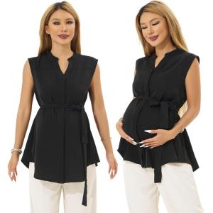 imageMaternity Blouse for Work Pregnancy Top Short Sleeve Shirt Formal Women ChiffonBlack
