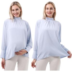 imageMaternity Button Down Shirt Long Sleeve Formal Blouse for Work Pregnant Dress TopLight Blue