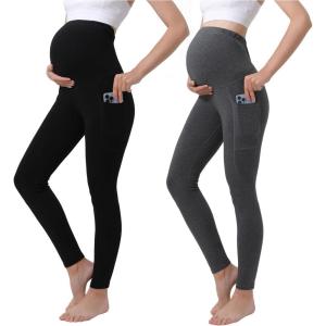 imageMaternity Leggings Pregnant OverBump Pant with Pockets Stretch for Workout Yoga2pair BlackGrey Pants