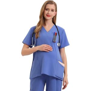 imageMaternity Scrubs Shirt for Women Doctor Uniform Short Sleeve Pregnant Nurse Scrub with Large PocketsBlue Shirt