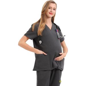 imageMaternity Scrubs Shirt for Women Doctor Uniform Short Sleeve Pregnant Nurse Scrub with Large PocketsGrey Shirt