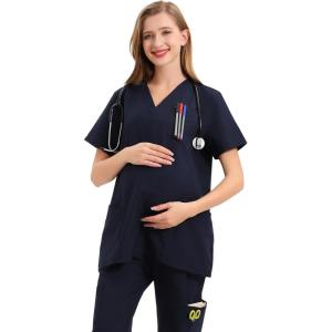 imageMaternity Scrubs Shirt for Women Doctor Uniform Short Sleeve Pregnant Nurse Scrub with Large PocketsNavy Shirt