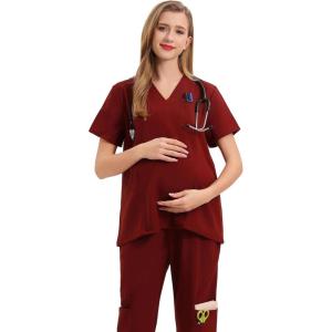 imageMaternity Scrubs Shirt for Women Doctor Uniform Short Sleeve Pregnant Nurse Scrub with Large PocketsRed Shirt