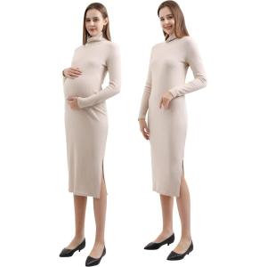 imageMaternity Sweater Dress for Fall Winter Long Sleeve Warm Dress for Work CasualBeige
