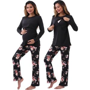 imageWomen Maternity Nursing Pajama Sets Pregnant Lounge SleepwearBlack on Black Floral
