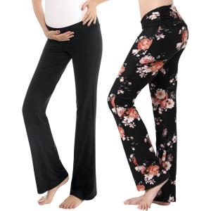 imageWomen Maternity Pajama Pant Stretchy Comfy Wide Soft Palazzo Elastic Pregnancy Lounge Casual PJs2 Pack Black  Black Floral