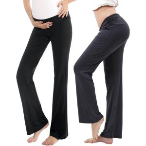 imageWomen Maternity Pajama Pant Stretchy Comfy Wide Soft Palazzo Elastic Pregnancy Lounge Casual PJs2 Pack Black  Dark Grey