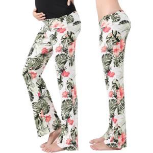 imageWomen Maternity Pajama Pant Stretchy Comfy Wide Soft Palazzo Elastic Pregnancy Lounge Casual PJsWhite Green Leaf
