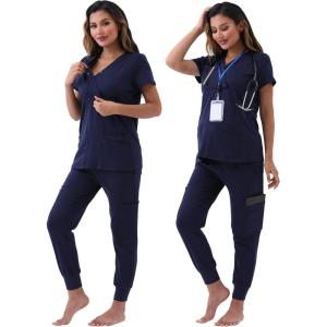 imageMaternity Scrubs Set for Women Nursing Scrub Top Pregnant Jogger Pants PocketsNavy